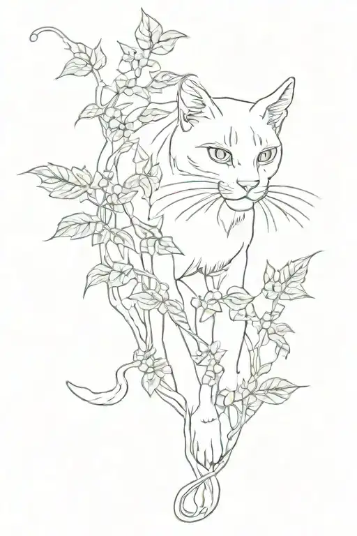 Outline of a walking cat surrounded by poison ivy vines no face    tattoo design idea