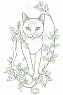 fine line walking cat surrounded by poison ivy vines tattoo design idea