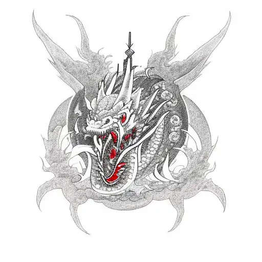 aggressive dragon with red eyes, japanese background tattoo design idea