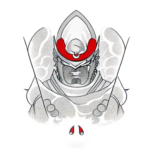 Shinobi throws a kunai, eyes glowing red with a red tail, ninja clothing tattoo design idea
