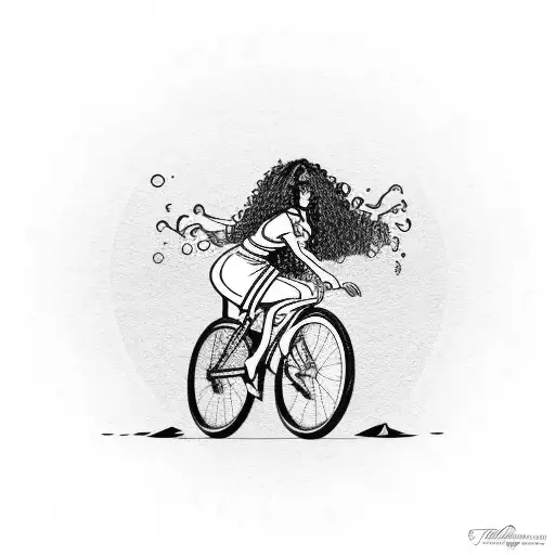 curly haired girl riding a bike tattoo design idea