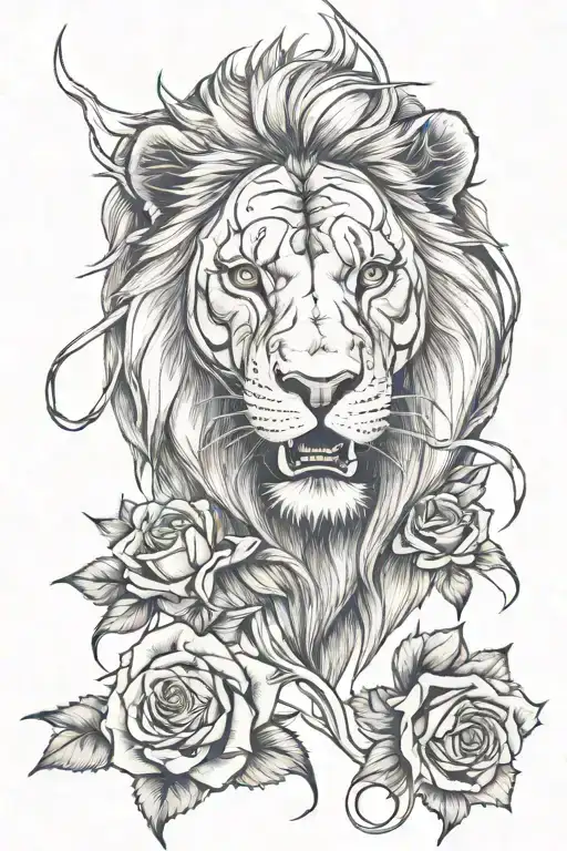 lion with red eye and rose intertwined and biting and a rose in lions mouth  tattoo design idea