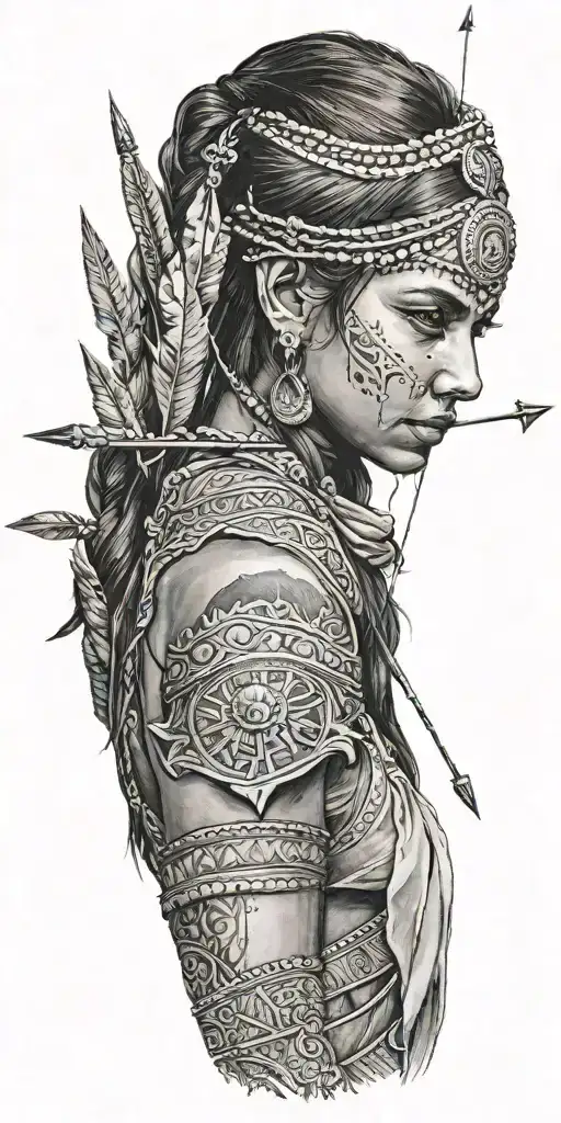 indian woman with bow & arrow  tattoo design idea