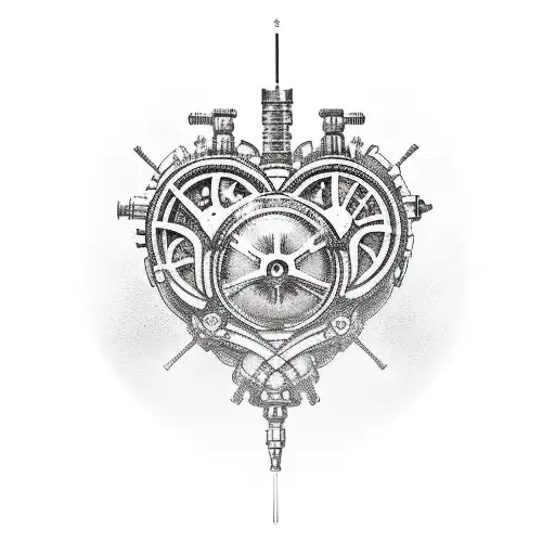 Traditional-style tattoo of a mechanical heart with the Adeptus Mechanicus symbol tattoo design idea