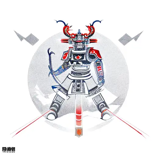 A robotic samurai warrior battling a dragon in a mountainous landscape tattoo design idea