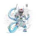 A robotic samurai warrior battling a dragon in a mountainous landscape tattoo design idea