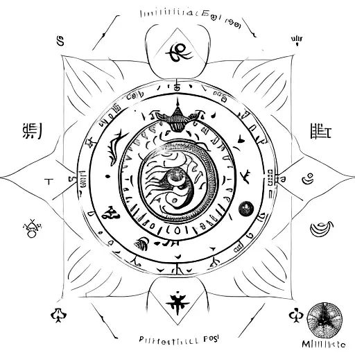 A minimalist tattoo of the Aquarius zodiac symbol combined with ancient symbols, representing the path to independence and freedom through embracing your astrological sign. tattoo design idea