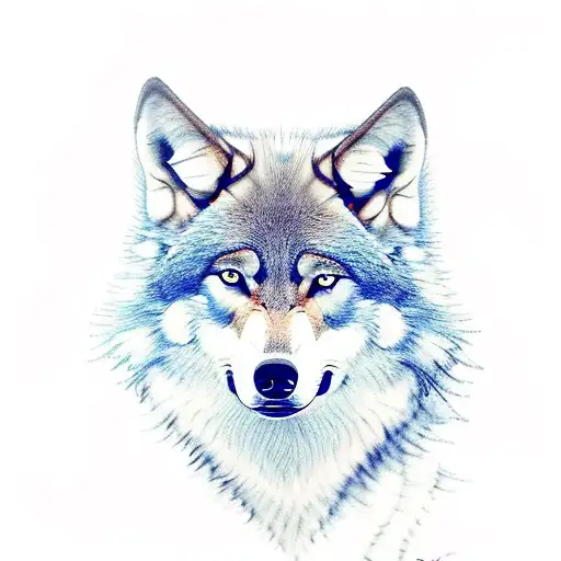 photo realistic scene of a wolf sitting on a overlook cliff. above the wolf is a blue and purple night sky. tattoo design idea