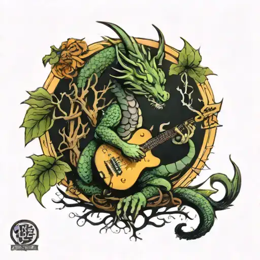 dragon, tree, cat, guitar surrounded tattoo design idea
