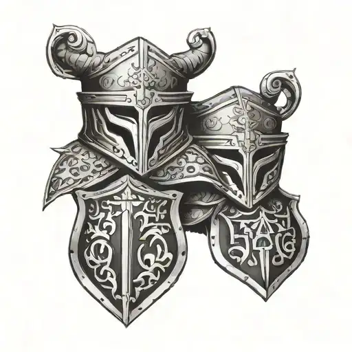 the medieval Helmets in a Sheild, Two on top one under  tattoo design idea