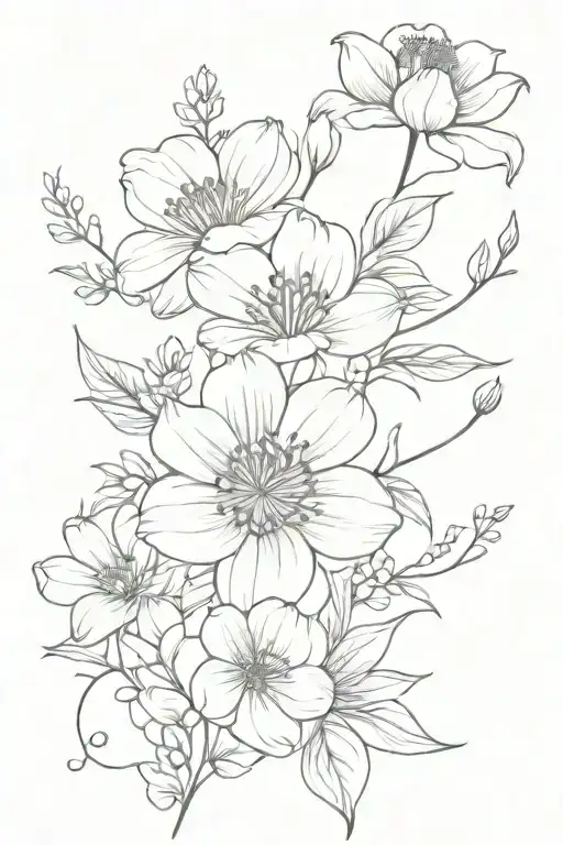 January April August birth flower bouquet tattoo design idea