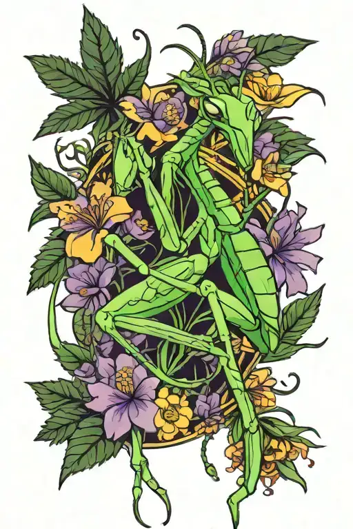 praying mantis, yellow and purple flowers, a weed leaf, sailor Jupiter, miroku, Epic_Noodle_85, dbd tattoo design idea