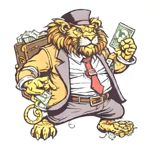 Gangster lion with a briefcase full of money tattoo design idea