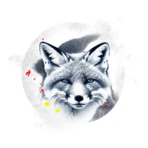 An aggressive red fox in the center, surrounded by dynamic black and gray smoke patterns, with cherry blossom petals floating freely around tattoo design idea