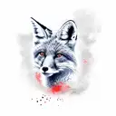 An aggressive red fox in the center, surrounded by dynamic black and gray smoke patterns, with cherry blossom petals floating freely around tattoo design idea