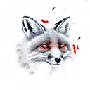 An aggressive red fox in the center, surrounded by dynamic black and gray smoke patterns, with cherry blossom petals floating freely around tattoo design idea