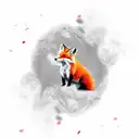 An aggressive red fox in the center, surrounded by dynamic black and gray smoke patterns, with cherry blossom petals floating freely around tattoo design idea