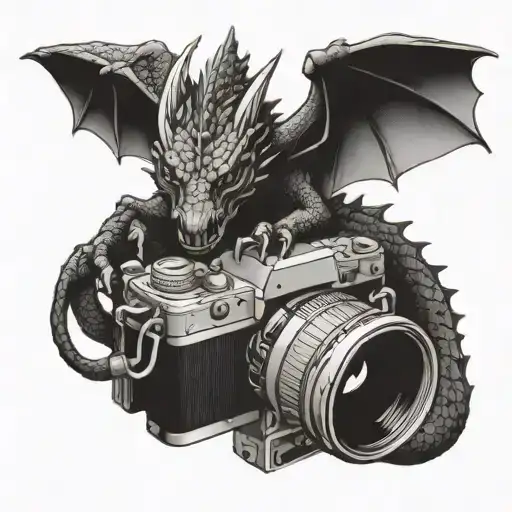 Design a tattoo featuring a dragon holding a vintage camera in its claws tattoo design idea