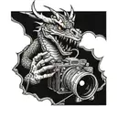 Design a tattoo featuring a dragon holding a vintage camera in its claws tattoo design idea