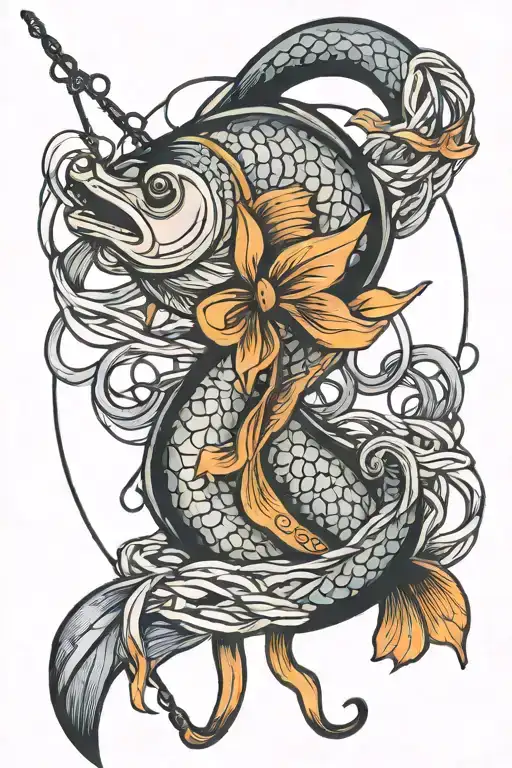 fishing line with ribbon intertwined tattoo design idea