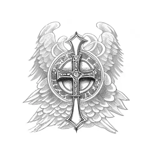 Catholic cross in a gothic medieval style surrounded by angels tattoo design idea