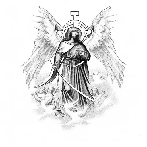 Cross surrounded by angels in a medieval style with cyber siglistic linework tattoo design idea