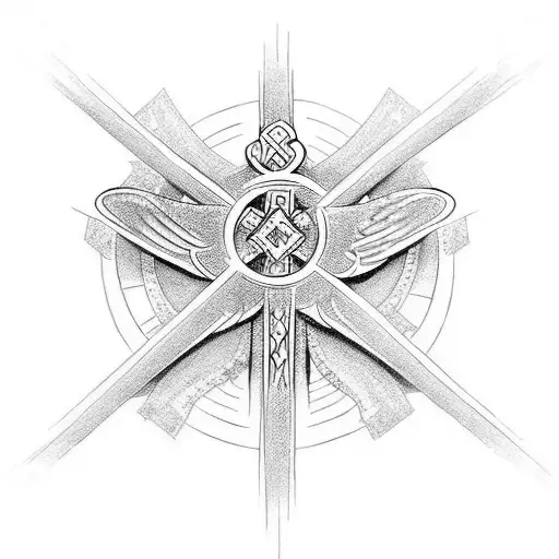 Cross surrounded by angels in a medieval style with cyber siglistic linework tattoo design idea