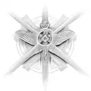 Cross surrounded by angels in a medieval style with cyber siglistic linework tattoo design idea