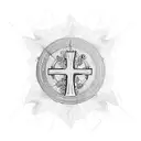 Cross surrounded by angels in a medieval style with cyber siglistic linework tattoo design idea