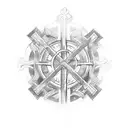 Cross surrounded by angels in a medieval style with cyber siglistic linework tattoo design idea