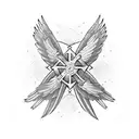 Cross surrounded by angels in a medieval style with cyber siglistic linework tattoo design idea