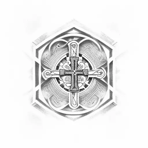 Christian Cross with names Félix, Antoine, Sam, Vincent, Ben next to it tattoo design idea