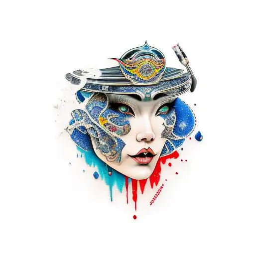 forearm abstract tattoo of the face of a woman coming out of the paint full colored on the forearm dark blue and black tattoo design idea