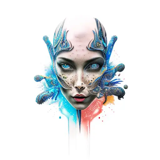 forearm abstract tattoo of the face of a woman coming out of the paint full colored on the forearm dark blue and black tattoo design idea