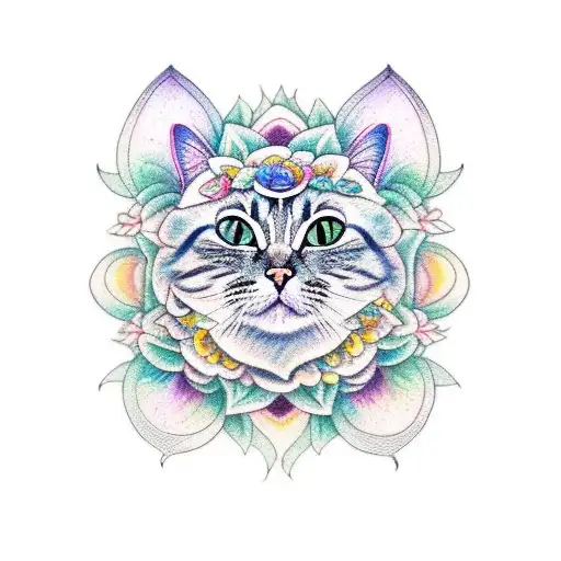cat colored flowers mandala  tattoo design idea