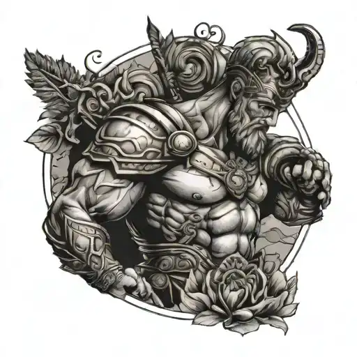 A marble statue of Ares, the God of War, with elements of nature and realism in the design, in blackwork style tattoo design idea