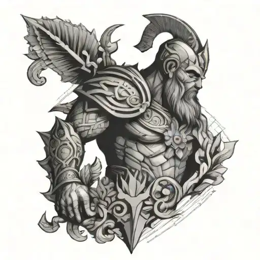 An abstract statue of Ares as the God of War, with elements of nature and realism in the design, in blackwork style tattoo design idea