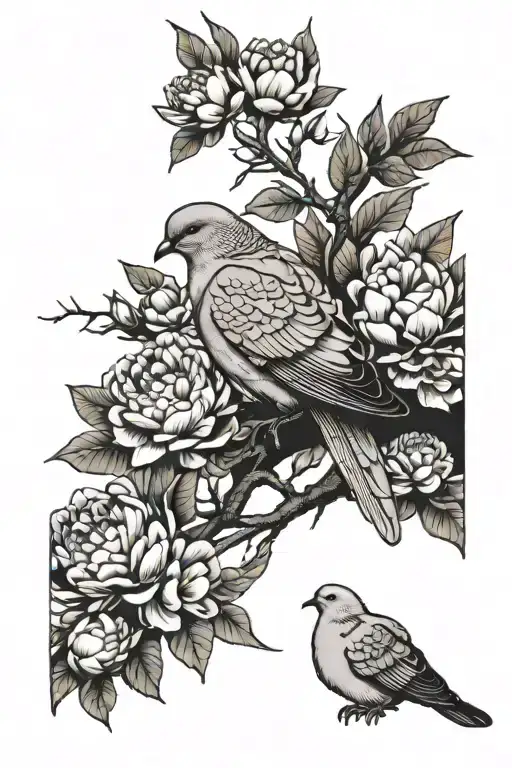 One Mourning Dove sitting one tree branch with peony flowers around it tattoo design idea