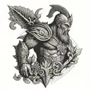 An abstract statue of Ares as the God of War, with elements of nature and realism in the design, in blackwork style tattoo design idea