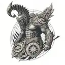 An abstract statue of Ares as the God of War, with elements of nature and realism in the design, in blackwork style tattoo design idea