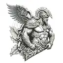 An abstract statue of Ares as the God of War, with elements of nature and realism in the design, in blackwork style tattoo design idea