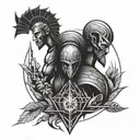 An abstract statue of Ares as the God of War, with elements of nature and realism in the design, in blackwork style tattoo design idea