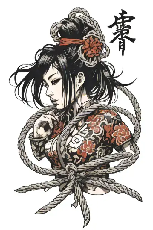 beautiful Japanese girl tied up with rope bondage horror theam  tattoo design idea