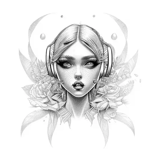 hip hop girl with black flowers tattoo design idea