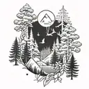 A tranquil forest scene with hidden peace signs among the trees tattoo design idea