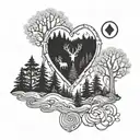 A tranquil forest scene with hidden peace signs among the trees tattoo design idea