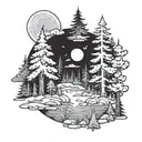 A tranquil forest scene with hidden peace signs among the trees tattoo design idea