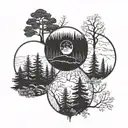 A tranquil forest scene with hidden peace signs among the trees tattoo design idea