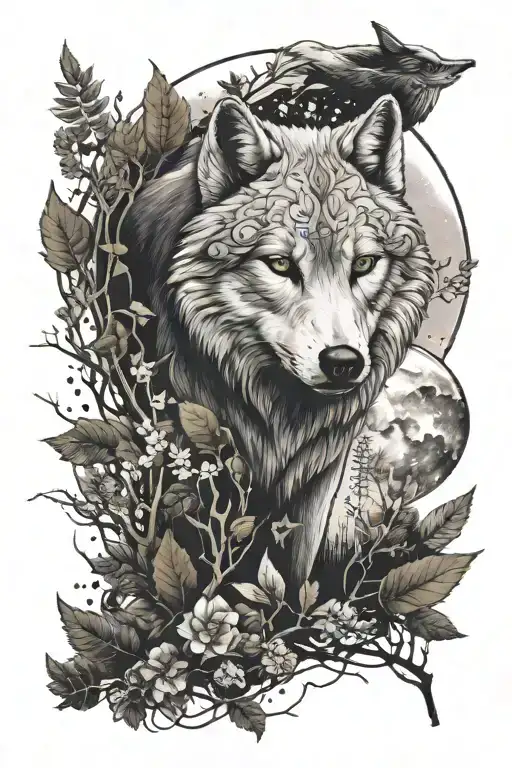 A nature-themed sleeve tattoo with hidden Star Wars references and a white wolf as the centerpiece tattoo design idea