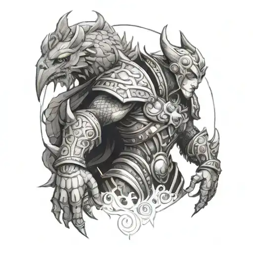 Design a dotwork tattoo of Lina facing off against a powerful Dota 2 boss monster tattoo design idea